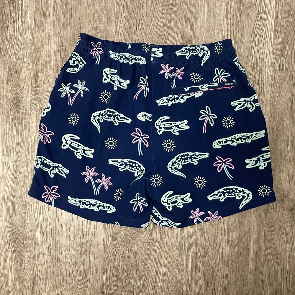 Chubbies Swim Trunks Mens Medium Navy Blue Crocodile Palm Tree Neon 5.5